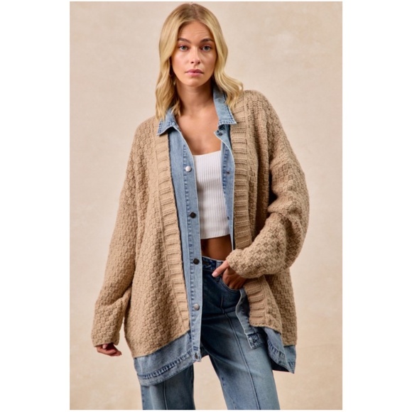 Bibi Khaki Chunky Cable Knit Denim Mix Snap button Oversized Sweater Cardigan - Picture 7 of 7